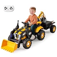 Maxmass Kids Ride on Tractor and Trailer, 12 Battery Powered Ride on Bulldozer with Shovel Bucket, Digger, LED Lights & Music, Children Electric Construction Toy Car for 3+ Years Old