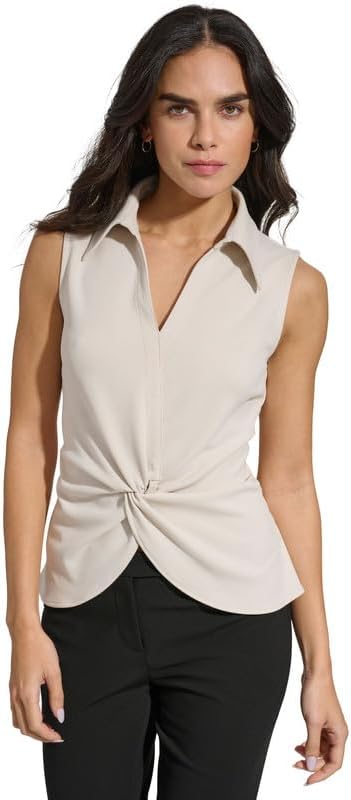 Calvin Klein Women's Collared Twist-Front Sleeveless Top (Stony Beige, X-Large) - Image 2
