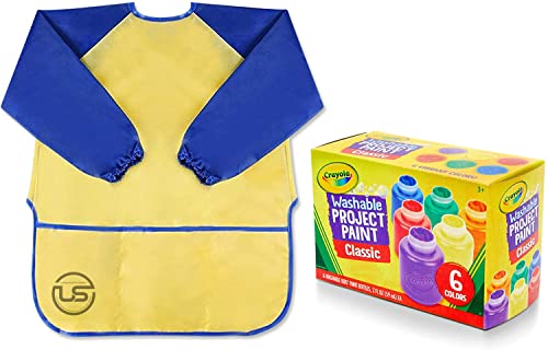 Washable Paint for Kids, 6 Count Finger Paint Set with Waterproof Kids Smock Toddler Painting Supplies Set