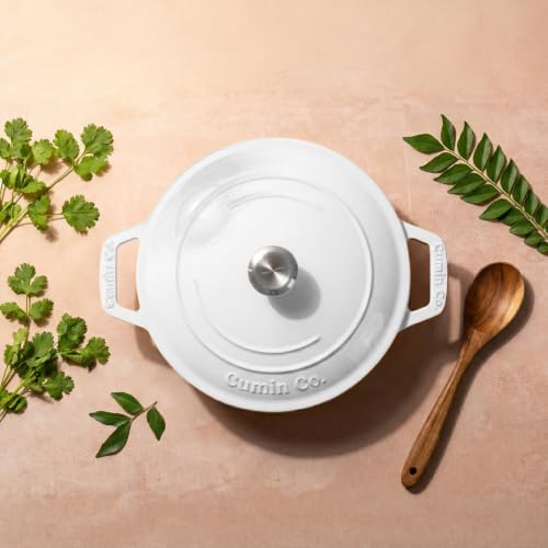 Image of CUMIN CO. Cast Iron Braiser | 26cm, 2.5L (Serves 5-6) | Non Toxic Cooking Pot with Lid | Patented Enamel Coating | FDA Compliant | Induction & Oven Safe | White