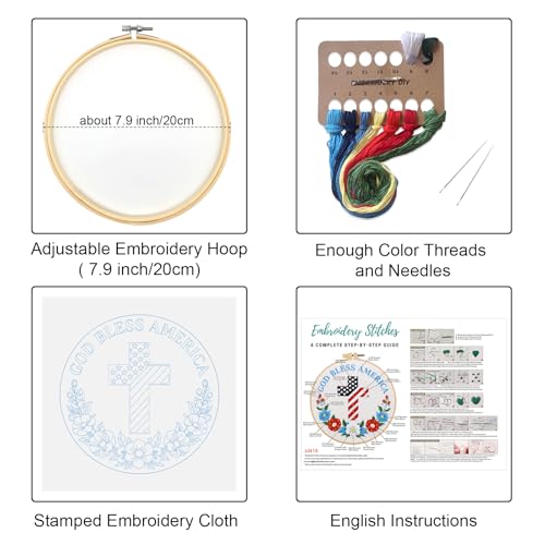 Image of Louise Maelys Embroidery Kit for Beginners, Cross Stitch Kits with Adults, DIY Needlepoint Kit with Christian Cross and Stars and Stripes Pattern, Including Cloth, Hoop, Instructions and Threads