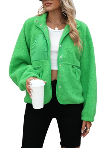 Yanekop Womens Fleece Jacket Fuzzy Long Sleeve Short Winter Coats Button Down Sherpa Jacket Outerwear with Pockets(A Fluorescent Green,S)
