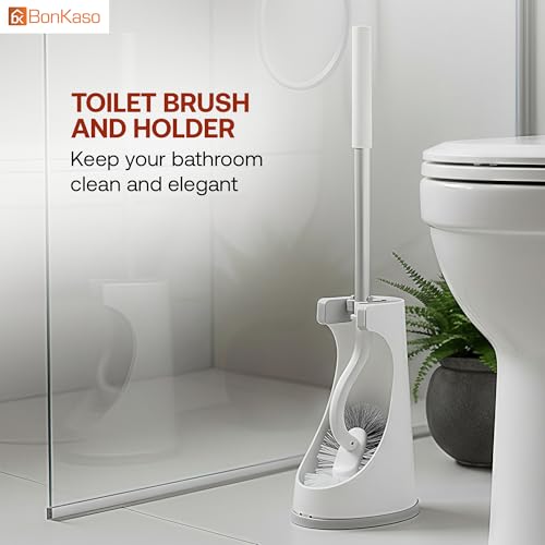 Image of BonKaso Tilly Toilet Brush with Holder for Bathroom Cleaning | TPR Soft Bristles & Anti-Scratch Design | Ergonomic Handle Toilet Brush for Deep Cleaning | Durable, Quick Drying - Light Grey & White
