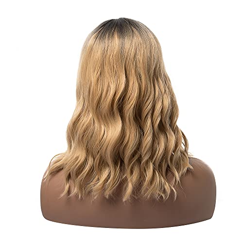 Festival Party Honey Blonde Ombre Wavy Bob Wig With Bangs With Dark Root, For Women Girls, Shoulder Length, Heat Resistant Synthetic Fiber, Daily Use Costume Cosplay Halloween Party, Blond Curly Hair 14 Inch #TOP3