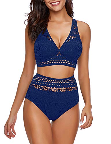 Uqnaivs women's blue high waist bikini set crochet lace v neck tw…