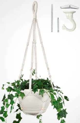 Shineloha 43 Inches Macrame Plant Hanger Large for up to 12 inch Pot | Extra Long + Hook | No Tassel, Cotton Rope Hanging Plant Holder with Swag Hook, NO Plant/Pot Included (White)…