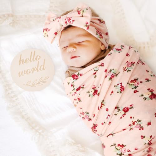 Image of DRESHOW BQUBO Baby Girl Newborn Floral Receiving Blankets with Bow Hat Headband Wooden Birth Announcement Card Set Newborn Baby Swaddling Hats Swaddle Blanket Toddler Warm Shower Gift