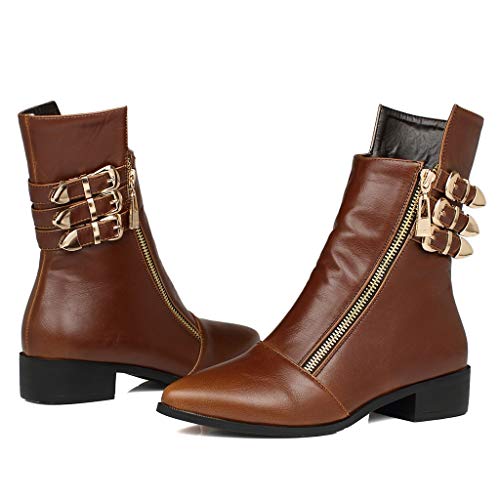 MIOKE Women's Pointed Toe Western Chelsea Ankle Boots Buckle Metallic Zipper Low Heel Riding Short Booties2
