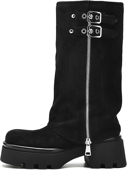 Image of MAVMAX Mid Calf Boots for Women Fold Over Zipper Buckle Riding Boot Black Wide Calf Platform Round Toe Chunky Low Heel Tall Boot Cowboy Biker Motorcycle Boots