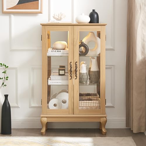 Image of 43 inch H Lighted Curio Cabinet Display Case, Glass Curio Cabinet with Adjustable Shelves & Tempered Glass Door, Wooden Cabinets with Mirrored Back Pane for Living Room (Light Oak)