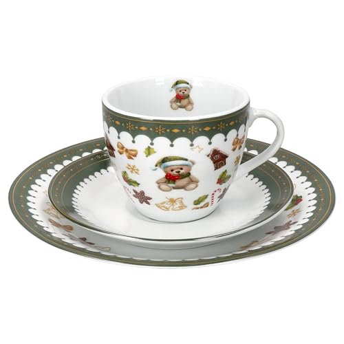 MamboCat Friend 18-tlg. Kaffeeservice für 6 Personen | Weihnachtliches Frühstücks-Set aus Porzellan mit Teddybär, Lebkuchenhaus & Co. | Tassen, Untertassen & Kuchenteller | für Weihnachten