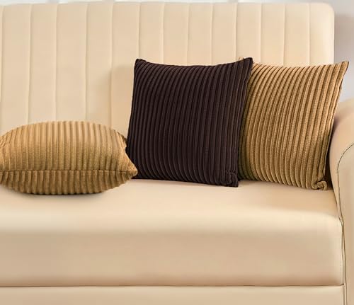 Image of Yellow Weaves Pencil-Stripe Fur Cushion Covers | Soft Polyester | Decorative Sofa & Throw Pillow Covers | 16x16 Inches, Pack of 3 (Coffee & Golden Brown)