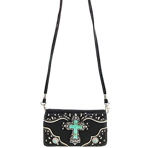 Justin West Tooled Leather Laser Cut Turquoise Rhinestone Cross Concho Studded Shoulder Tote Handbag Purse3