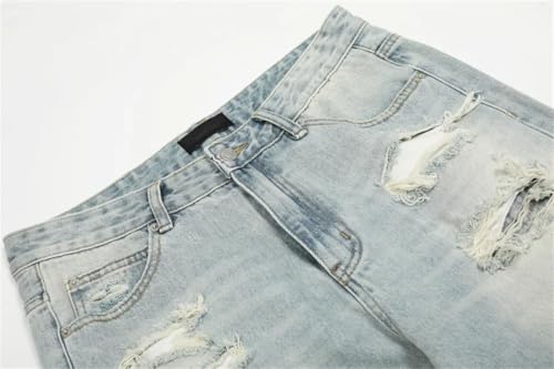 Men's Ripped Jeans with Rivets, Retro High Street, Washed Distressed Loose Wide Leg Denim Pants4