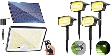 LOTMOS 4 Pezzi Faretti Energia Solare da Esterno + 1 Pezzi Luce Solare Led Esterno con Sensore di Movimento