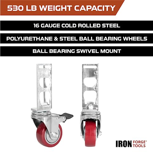 Image of Iron Forge Tools Rolling Storage Rack Caster Wheels Heavy Duty - Set of 4 Locking Castor 3 Inch 530 lb Capacity for Boltless Self Locking Shelving Racks, Nylon and Steel Ball Bearing Wheels