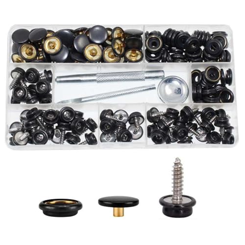 180pcs Boutons-pression en Toile Marine Noire, BetterJonny Kit de Bouton Pression à Visser avec Rivets et Outils Bouton Pression à Vis Snap Fasteners pour...
