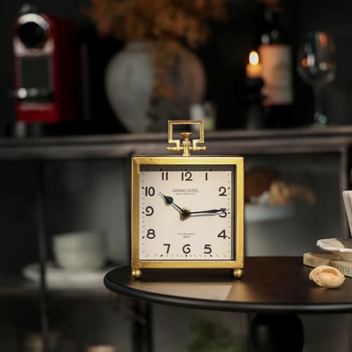 Image of NIKKY HOME Small Gold Table Clock, Silent Classic Decorative Desk Clocks | Non-Ticking Battery Operated Vintage Metal Square Shelf Clock, Antique Decor for Living Room, Bathroom, Office, Mantel