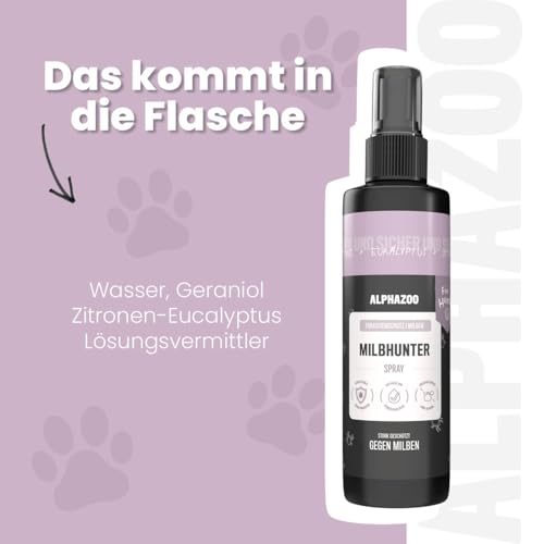 alphazoo Milbhunter Spray für Hunde 250ml - mit Zitronen-Eukalyptus & Geraniol. Wirkt zuverlässig gegen Milben & pflegt die Haut. Natürliche Inhaltsstoffe. Ideal für die regelmäßige Anwendung