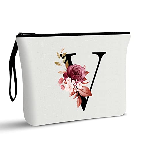 Image of Vavabox A-Z Personalized Makeup Bag, Birthday Gifts for Women Mom, Gifts for Best Friend, Bride Bridesmaid Cosmetic bag (V, 01-White)