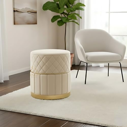 Image of Set of 2 Round Velvet Ottoman Footstool Gold Base - Tufted Upholstered Pouffe Stool for Living Room, Bedroom & Dressing Area (Cream)