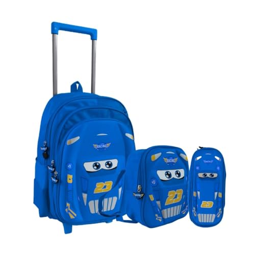 Kit Mochila Rodinha Carros 3d Lancheira Estojo Corrida (Azul)