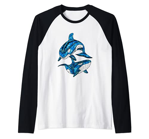 Tribal Orca Killer Whales Raglan Baseball Tee, Black