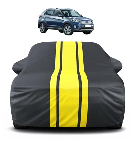 Image of Auto Hub Car Cover Compatible with Hyundai Creta Old (Model : 2015-2019) with Antenna & Mirror Pocket, Soft Cotton Lining, Creta Car Cover Waterproof - Yellow-Black