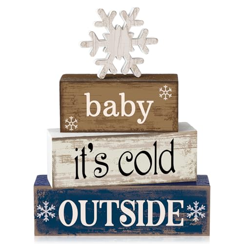 Image of Moucuny 4 Pcs Christmas Table Decoration Winter Wooden Stacked Block, Baby It's Cold Outside Signs with Snowflake Topper, Rustic Christmas Tiered Tray Decor Snowflake Decor for Home Office Shelf