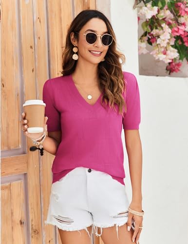 Womens Tops 2025 Spring Summer Short Sleeve V Neck Sweaters Trendy Dressy Casual Blouse Lightweight Knit Shirts4
