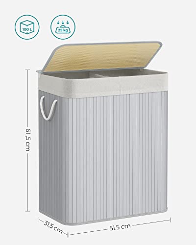 SONGMICS - Laundry Basket with Lid - Bamboo Laundry Basket with 2 Sorting Compartments, Removable Bag, Cotton Handles - Volume 100L, for Laundry Room, Bedroom - Grey - LCB064G01 - Image 4