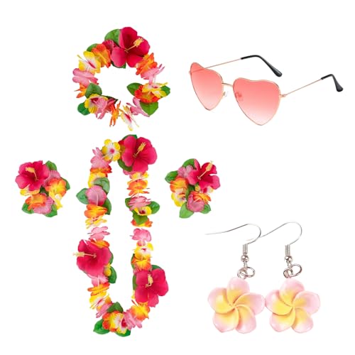 AHEZQILU Collier Hawaien Fleurs Set 6 Pièces Accessoires Tropical Guirlande Bracelet Bandeau Lunettes Cœur Boucles Oreilles Collier Fleurs Hawaien...