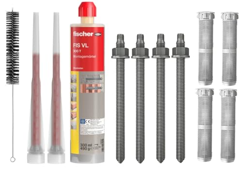 Schwerlastbefestigung SET M10x130mm EDELSTAHL A4 - FISCHER Montagemörtel VL300 T + 4 Gewindestangen + 4 Siebhülsen 16x85mm + Zylinderbürste/Klebeanker Ankerstangen
