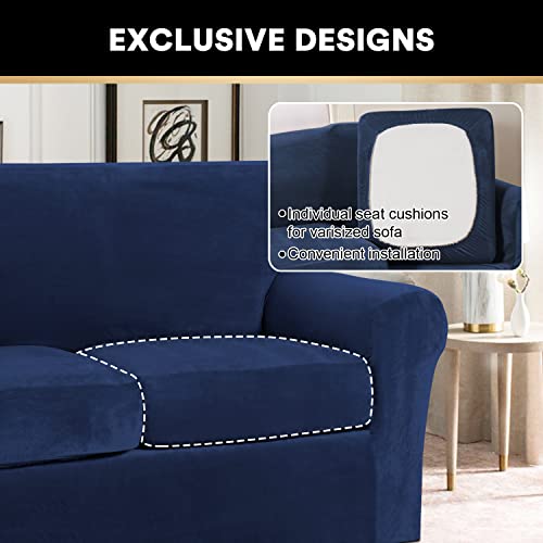 4 Pieces Sofa Covers Stretch Velvet Couch Covers For 3 Cushion Sofa Slipcovers Soft Sofa Slip Covers Furniture Covers With 3 Individual Seat Cushion Covers, Machine Washable (Large, Navy) #TOP4