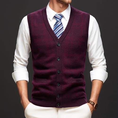 Men's Cable Knit Sweater Vest 100% Wool V Neck Button Down Sleeveless Cardigan Vest with Pocket2