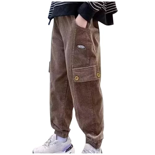 Boys Cargo Pants Solid Color Pull On Trouser with Multi Pockets Trendy Elastic Waist School Pants for Boys 6-16 Years