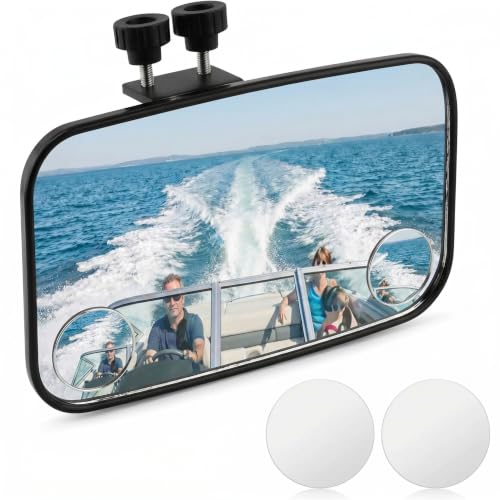 Universal Boat Rear View Mirror 8 x 4.5 Square Boat Mirrors with Round Boat glass and Locking Knob 360 Adjustable Wide-Angle Marine Mirror for water skis pontoon boats water skiing