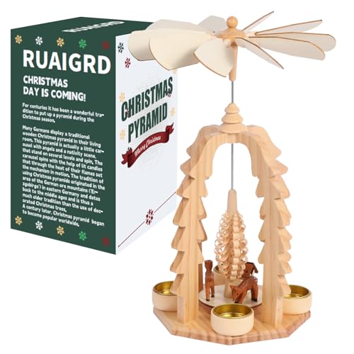 RUAIGRD 14 Inch Christmas Wooden Christmas Pyramid with Candle Holders -Nature Wood Finish Nativity Scene Set (RG001-2)