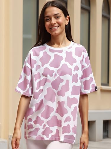 Image of Bewakoof Women's 100% Cotton Camouflage Oversized Fit Half Sleeve Round Neck T-Shirt | Casual wear | Streetwear | Oversized Tshirt for Woman Cotton| Baggy