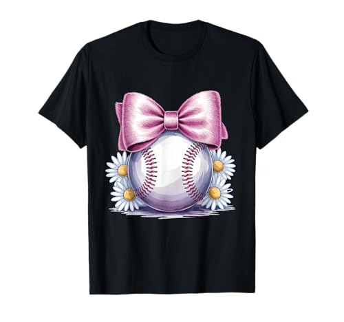 Carino Baseball Coquette Bow Carino Giocatore di Baseball Maglietta