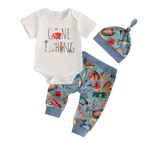 Image of Amnnchya Newborn Baby Boy Clothes Fishing Short Sleeve Romper Shirt Tops Pants Summer Spring Outfits Cute Hat Set