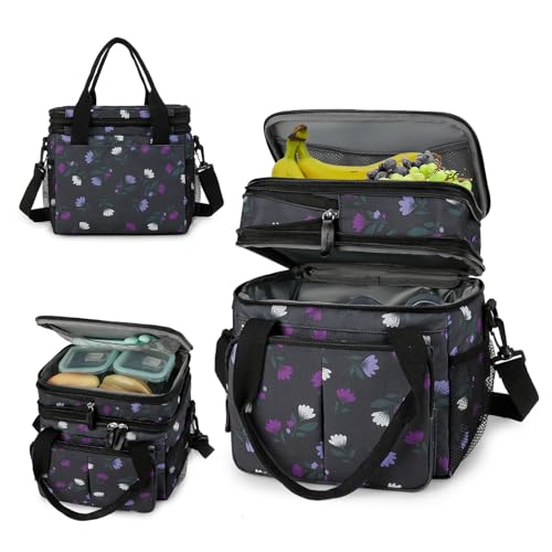 MEYTEILAY Lunch Bag for Women Men Expandable Double Deck Lunch Box Large Lunch Bags Leakproof Insulated Reusable Lunch Cooler Bag (Purple Flower)