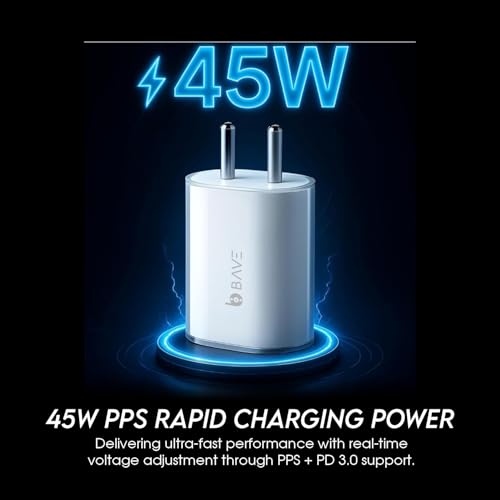 Image of BAVE 45W PPS PD 3.0 Fast Charger with Type-C to Type-C Cable | Compatible with Nothing Phone 3a, 3a Pro, 2a, 2, 1 & CMF Phone 1 | USB-C Power Adapter with Power Delivery Support | White