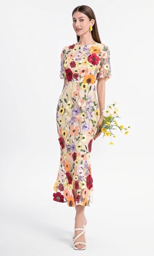 LAI MENG FIVE CATS Women's 3D Floral Short Sleeves Crew Neck Fishtail Mesh Embroidery Party Cocktail Maxi Dress4