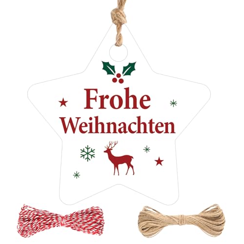 jijAcraft Weiß Frohe Weihnachtsanhänger Stern: 6CM Weihnachten Geschenkeanhänger, 100 Stück Frohe Weihnachten Papieretiketten Tags mit Schnur für Weihnachtsbaum Party Dekoration