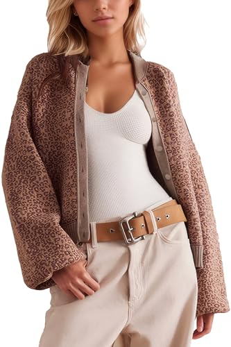 D-Sun Women Leopard Cardigan Sweater Cropped Button Down Long Sleeve Crewneck Sweater Fall Winter Open Front Printed Top