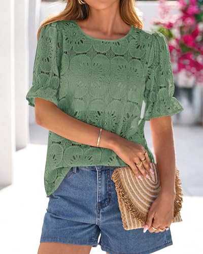 KIRUNDO Lace Tops for Women Blouses Dressy Casual Boho Eyelet Puff Short Sleeve Shirts Spring Summer Clothes Vacation Outfits(Sage Green, X-Large) — view 5