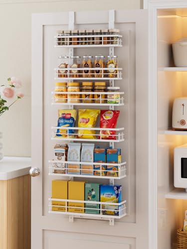 Delamu Over the Door Pantry Organizer, 6 Tier Pantry Door Organizer with Adjustable Basket, Door Spice Rack Seasoning Organizer, Metal Hanging Pantry Organizers and Storage for Kitchen,15.3' White