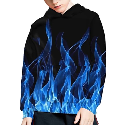 Boys Girls Hoodies 3D Printed Blue Fire Hooded Sweatshirts Casual Long Sleeve Pullover with Pocket for 6-16 Years