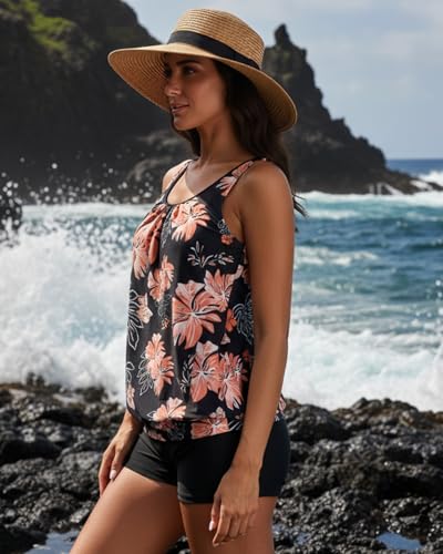 Aqua Eve Two Piece Women's Tankini Swimsuits Blouson Swim Tank Top with Shorts Modest Bathing Suits Black Floral S